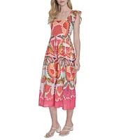 Vince Camuto Printed Square Neck Sleeveless Tiered Midi Dress