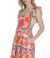 Vince Camuto Printed Square Neck Sleeveless Tiered Midi Dress