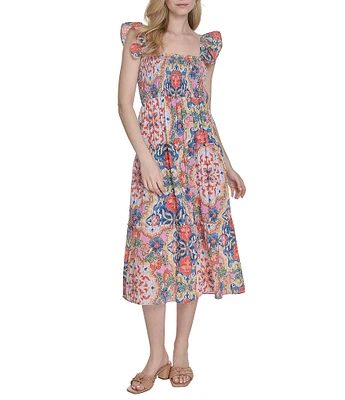 Vince Camuto Placement Print Square Neck Sleeveless Tiered Midi Dress
