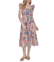 Vince Camuto Placement Print Square Neck Sleeveless Tiered Midi Dress