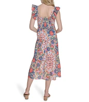 Vince Camuto Placement Print Square Neck Sleeveless Tiered Midi Dress