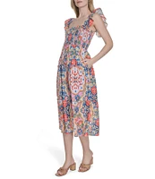 Vince Camuto Placement Print Square Neck Sleeveless Tiered Midi Dress