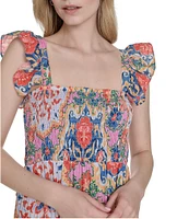 Vince Camuto Placement Print Square Neck Sleeveless Tiered Midi Dress