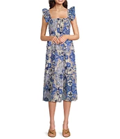 Vince Camuto Placement Print Square Neck Sleeveless Tiered Midi Dress