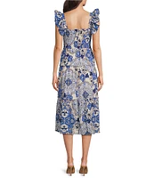 Vince Camuto Placement Print Square Neck Sleeveless Tiered Midi Dress