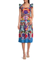 Vince Camuto Printed Square Neck Sleeveless Tiered Midi Dress