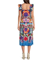 Vince Camuto Printed Square Neck Sleeveless Tiered Midi Dress