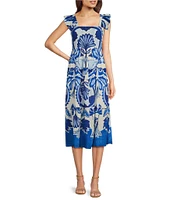 Vince Camuto Printed Square Neck Sleeveless Tiered Midi Dress
