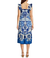Vince Camuto Printed Square Neck Sleeveless Tiered Midi Dress