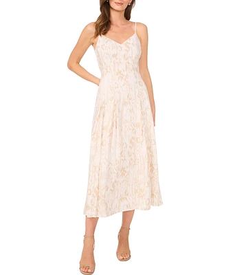 Vince Camuto Printed V-Neck Sleeveless A Line Midi Dress