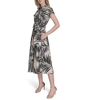 Vince Camuto Printed Woven Point Collar Cap Sleeve Midi Shirt Dress