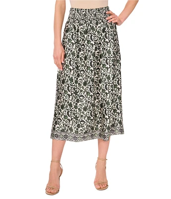Vince Camuto Pull On Smocked Waist Printed Midi Skirt