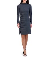 Vince Camuto Ribbed Sweater Knit Mock Neck Long Sleeve Ruched Stud Slit Hem Mini Bodycon Dress