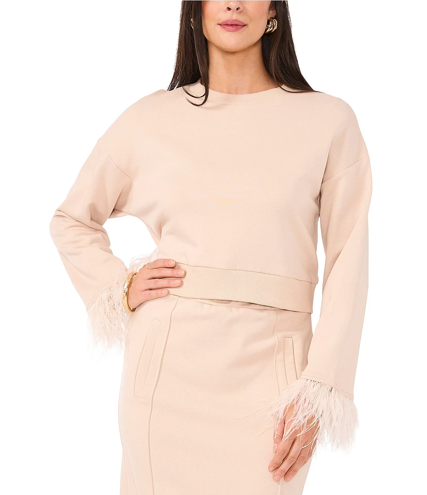 Vince Camuto Round Neck Long Sleeve Feather Trim Top