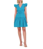 Vince Camuto Ruffle Cap Sleeve V-Neck Cinched Tie Waist Ruffle Drop Waist Dress