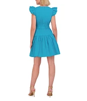 Vince Camuto Ruffle Cap Sleeve V-Neck Cinched Tie Waist Ruffle Drop Waist Dress