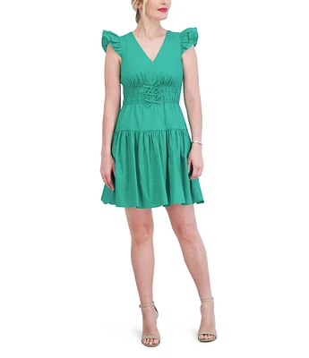 Vince Camuto Ruffle Cap Sleeve V-Neck Cinched Tie Waist Ruffle Drop Waist Dress