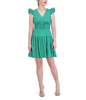 Vince Camuto Ruffle Cap Sleeve V-Neck Cinched Tie Waist Ruffle Drop Waist Dress