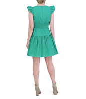 Vince Camuto Ruffle Cap Sleeve V-Neck Cinched Tie Waist Ruffle Drop Waist Dress