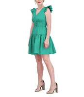 Vince Camuto Ruffle Cap Sleeve V-Neck Cinched Tie Waist Ruffle Drop Waist Dress