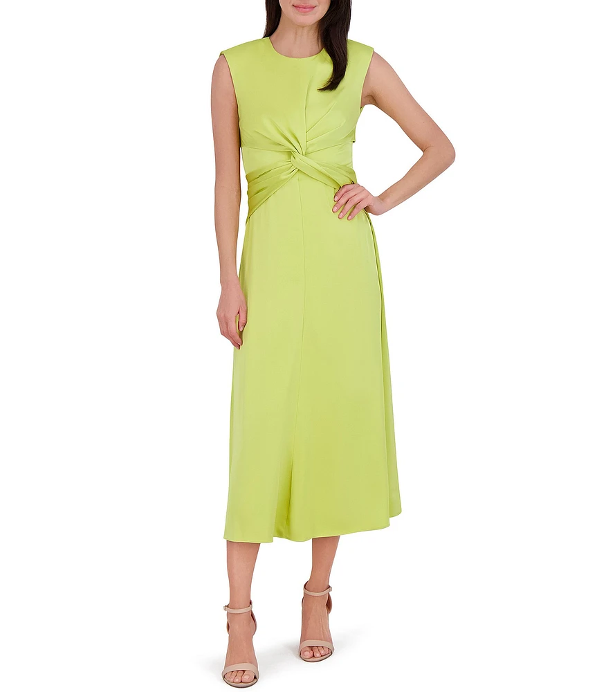 Vince Camuto Satin Crew Neck Cap Sleeve Midi Sheath Dress