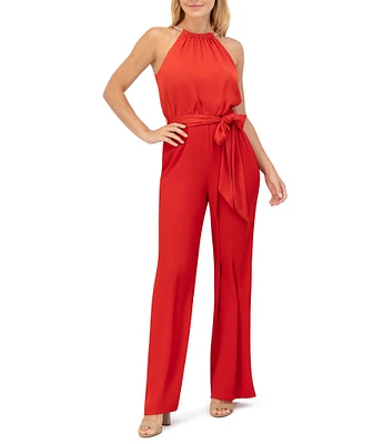 Vince Camuto Satin Halter Neck Sleeveless Tie Waist Wide Leg Full Length Jumpsuit