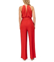 Vince Camuto Satin Halter Neck Sleeveless Tie Waist Wide Leg Full Length Jumpsuit