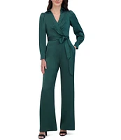 Vince Camuto Satin Point Collar Deep V-Neck Long Blouson Sleeve Button Front Tie at Waist Wrap Wide Leg Jumpsuit