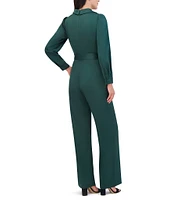 Vince Camuto Satin Point Collar Deep V-Neck Long Blouson Sleeve Button Front Tie at Waist Wrap Wide Leg Jumpsuit