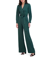 Vince Camuto Satin Point Collar Deep V-Neck Long Blouson Sleeve Button Front Tie at Waist Wrap Wide Leg Jumpsuit