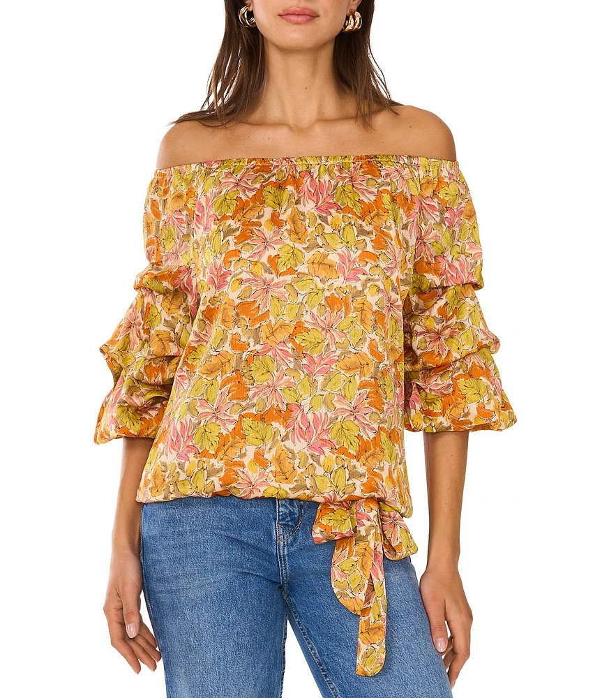 Vince Camuto Satin Printed Off-The-Shoulder 3/4 Bubble Sleeve Blouse