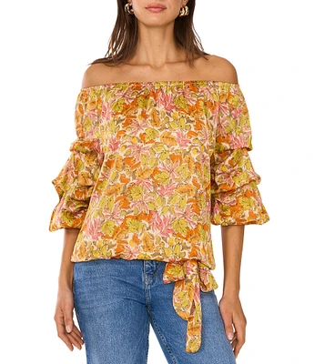 Vince Camuto Satin Printed Off-The-Shoulder 3/4 Bubble Sleeve Blouse
