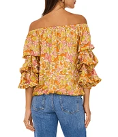 Vince Camuto Satin Printed Off-The-Shoulder 3/4 Bubble Sleeve Blouse