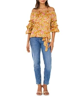 Vince Camuto Satin Printed Off-The-Shoulder 3/4 Bubble Sleeve Blouse