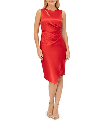 Vince Camuto Satin Ruched Faux Wrap Sheath Crew Neck Cutout Sleeveless Asymmetrical Above the Knee Dress