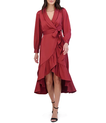 Vince Camuto Satin Split V-Neck Long Sleeve Faux Wrap Hi-Low Shirttail Dress