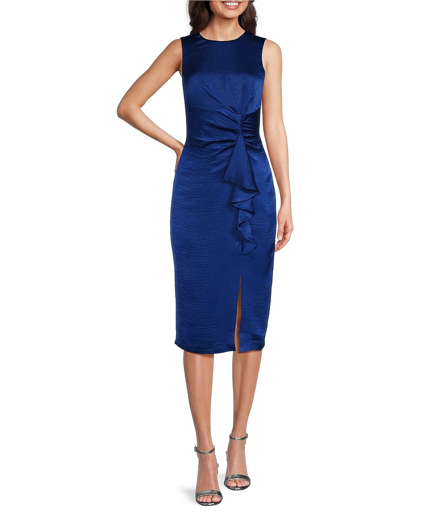 Vince Camuto Satin Tuck Waist Ruffle Skirt Midi Dress