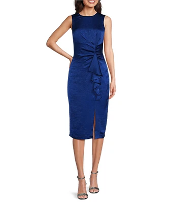 Vince Camuto Satin Tuck Waist Ruffle Skirt Midi Dress