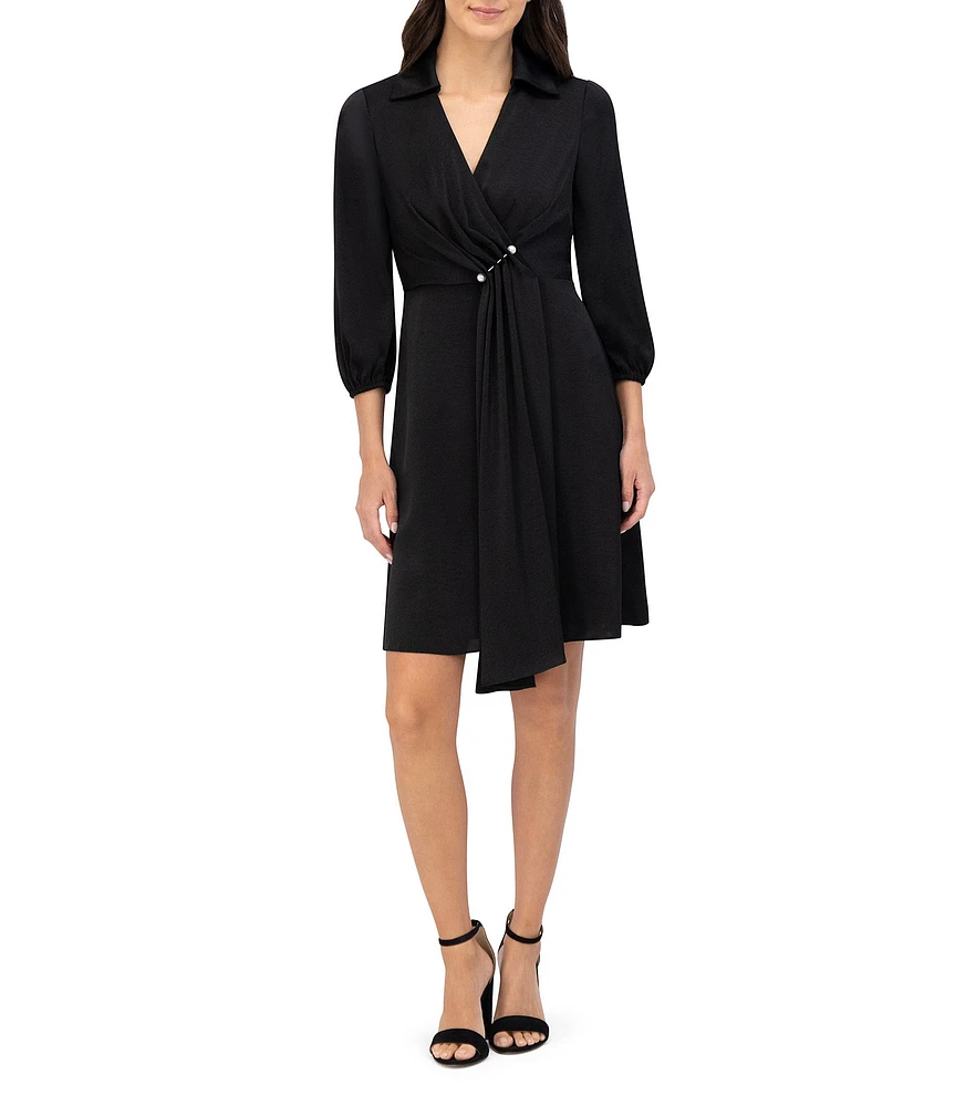 Vince Camuto Satin V-Neck Collared Long Sleeve Faux Wrap Dress