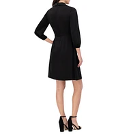 Vince Camuto Satin V-Neck Collared Long Sleeve Faux Wrap Dress