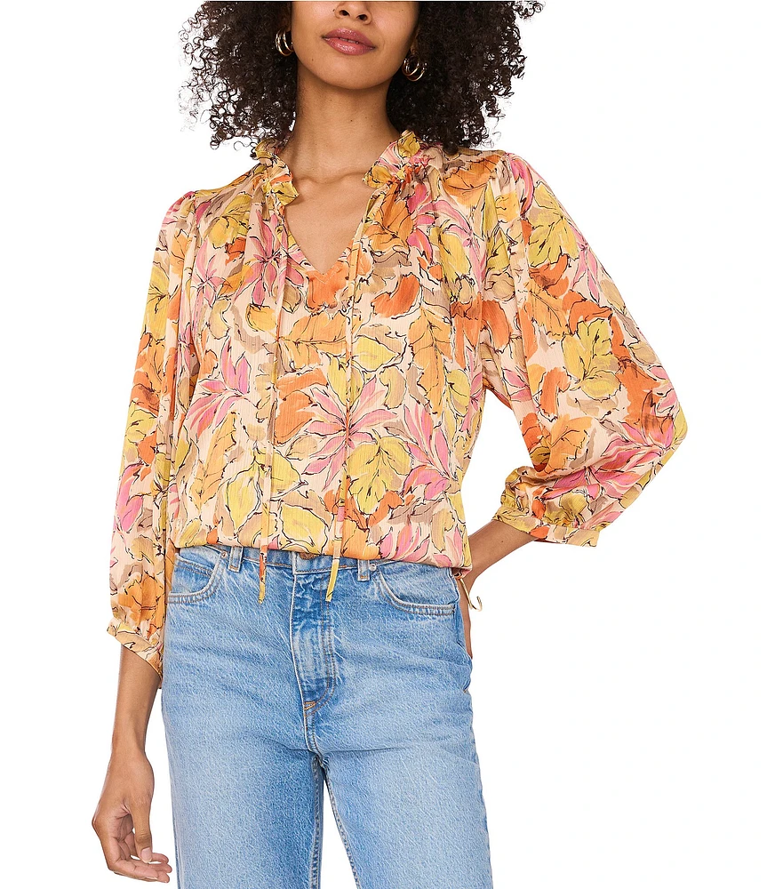 Vince Camuto Satin V-Neck Long Sleeve Tie Front Floral Print Blouse