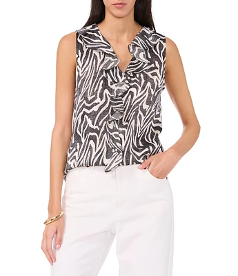 Vince Camuto Satin Zebra Print V-Neck Sleeveless Ruffle Front Blouse