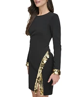 Vince Camuto Scuba Crepe Knit Long Sleeve Crew Neck Sequin Trim Sheath Cocktail Dress