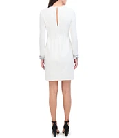 Vince Camuto Scuba Crepe Knit Long Sleeve Crew Neck Sequin Trim Sheath Cocktail Dress