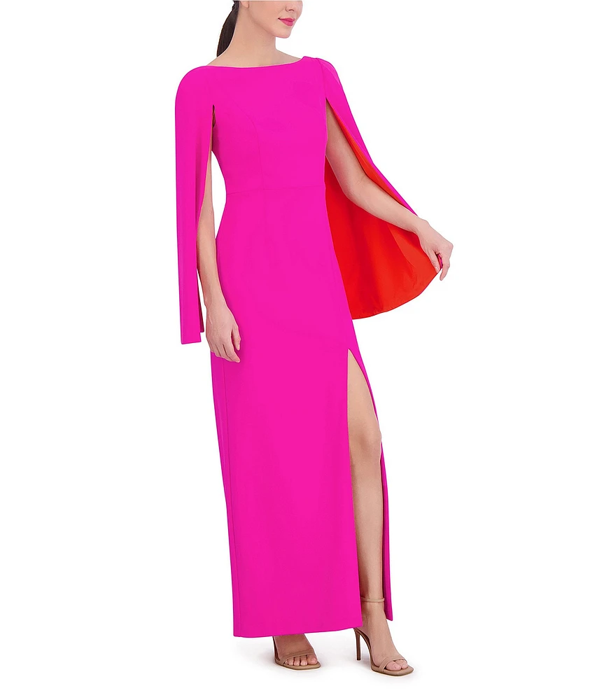 Vince Camuto Scuba Knit Boat Neck Long Cape Sleeve Side Slit A-Line Gown