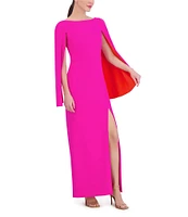 Vince Camuto Scuba Knit Boat Neck Long Cape Sleeve Side Slit A-Line Gown