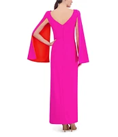 Vince Camuto Scuba Knit Boat Neck Long Cape Sleeve Side Slit A-Line Gown