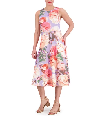 Vince Camuto Scuba Knit Floral Print Crew Neck Sleeveless Fit and Flare Pocketed Midi Dress