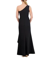 Vince Camuto Scuba Knit One-Shoulder Sleeveless Side Twist Ruffle High-Low Hem A-Line Gown