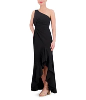 Vince Camuto Scuba Knit One-Shoulder Sleeveless Side Twist Ruffle High-Low Hem A-Line Gown